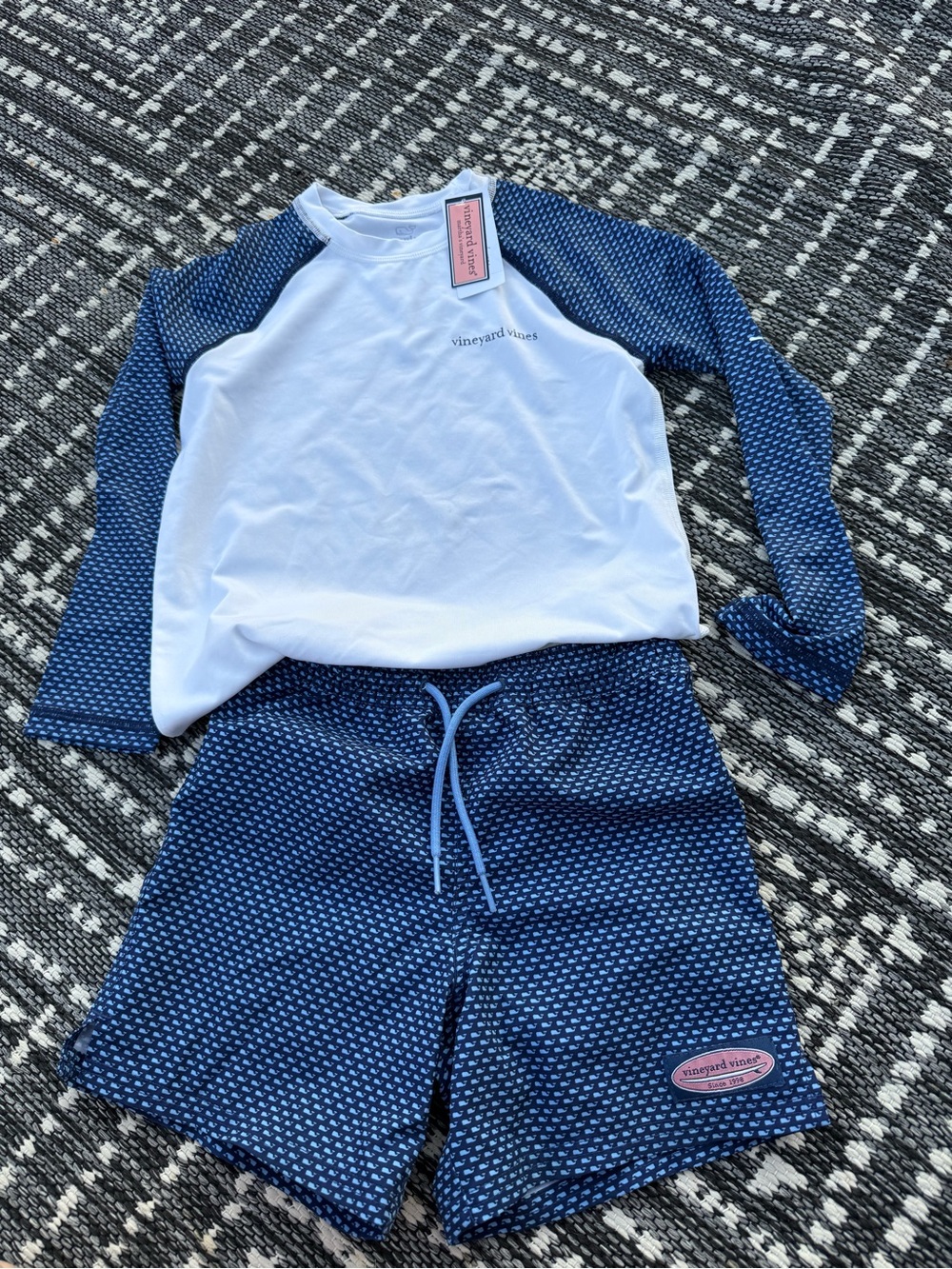 Vineyard Vines Boys Blue White Rash Guard & Swim Shorts Set
